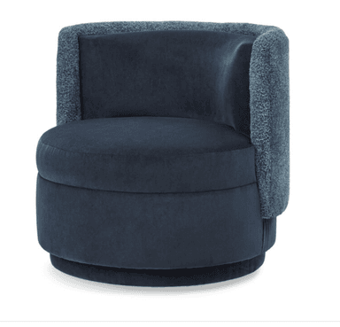 A contemporary armchair with a curved back and a rounded seat. The chair features a two-tone upholstery, with a light pink fabric on the seat and inner backrest, and a taupe-colored fabric on the outer backrest and base. The base is cylindrical and tiered. — 3D model