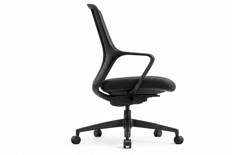 A black modern office chair featuring a high mesh back, a padded fabric seat, integrated armrests, and a five-star caster base. — 3D model