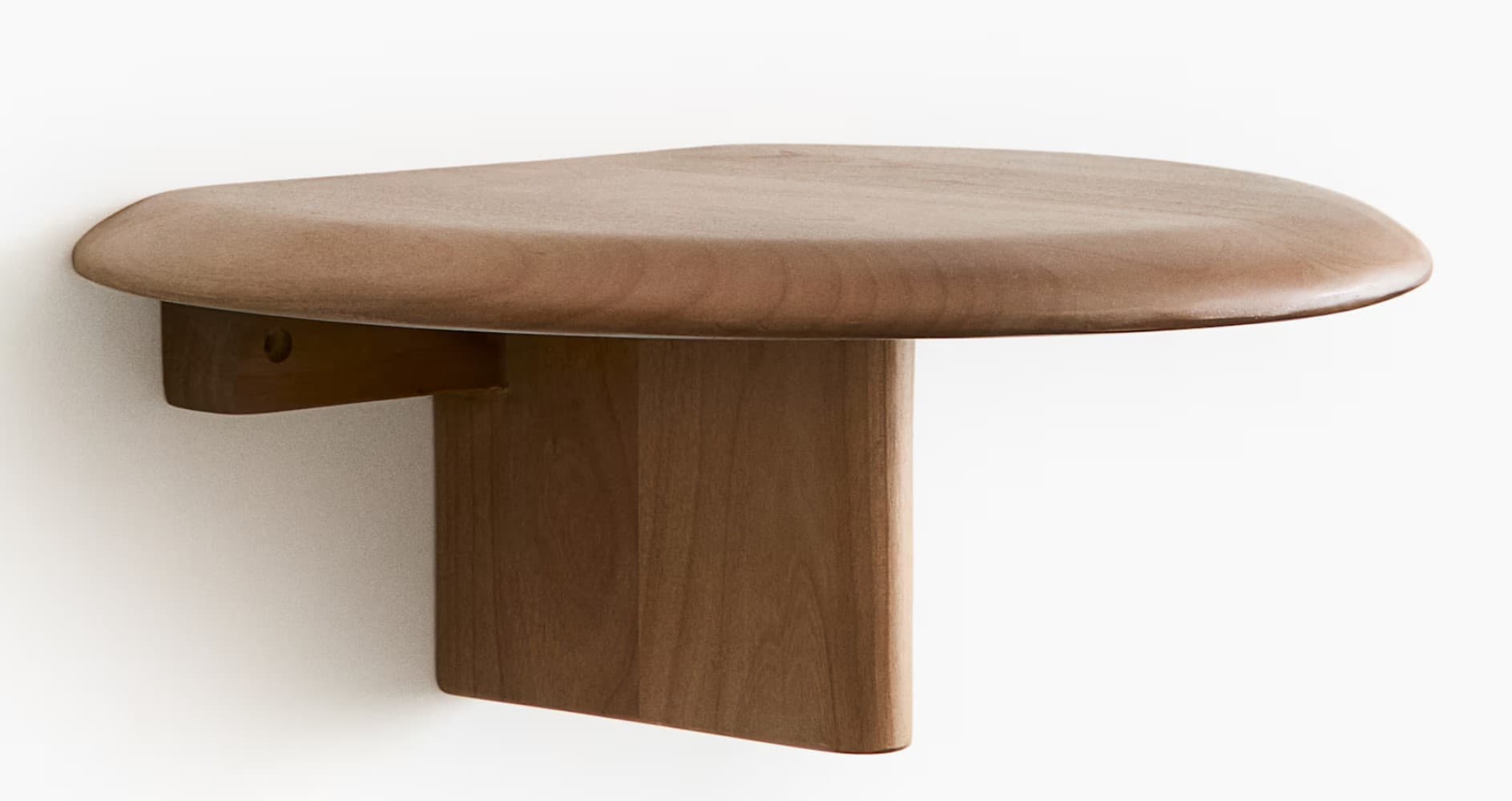 A D-shaped, wall-mounted floating shelf made of smooth, warm-toned wood, featuring a flat back edge for flush wall mounting and a gracefully rounded front and side profile. — 3D model