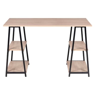 A multi-tiered shelving unit featuring four rectangular shelves with a light wood-effect finish, supported by a sturdy black metal frame. The design is simple and functional, with an open back and sides. — 3D model