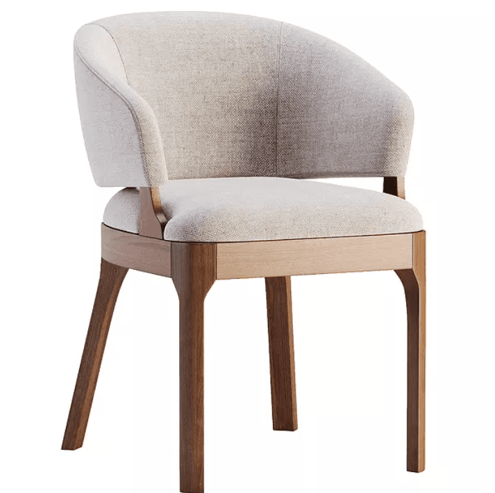 A contemporary upholstered dining armchair featuring a light beige fabric seat and backrest, integrated armrests, and a two-tone wooden frame with tapered legs. — 3D model