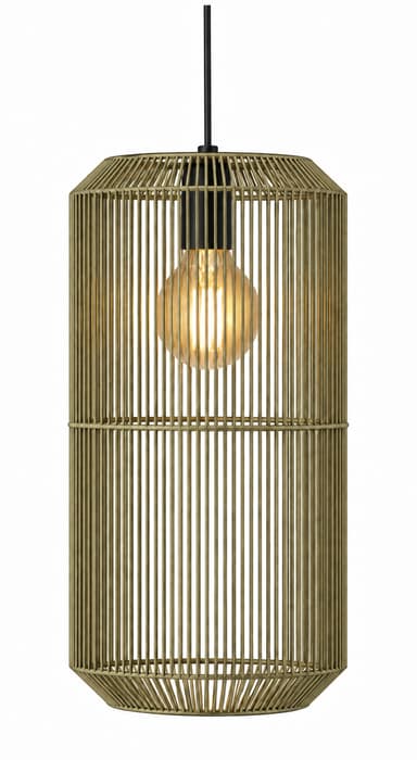 A modern cylindrical pendant light featuring an open, slatted design constructed from slender metal rods. The fixture has a matte gold or brass finish and houses a visible, warm-toned Edison-style light bulb. It hangs from a black electrical cord, with a solid round cap at the top of the shade where the cord enters. The slatted cage is divided into two sections by a horizontal band, adding a subtle design detail. — 3D model