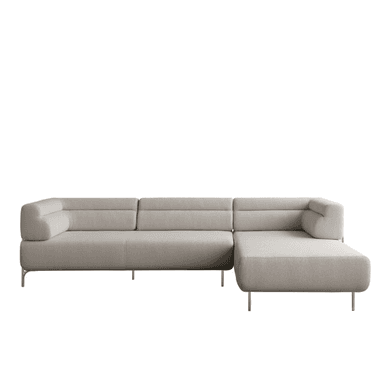 A contemporary L-shaped sectional sofa featuring light beige fabric upholstery and a minimalist design. It includes a multi-seat section and an integrated chaise lounge, supported by slender, dark-finished metal legs. — 3D model