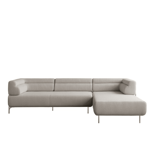 A contemporary L-shaped sectional sofa featuring light beige fabric upholstery and a minimalist design. It includes a multi-seat section and an integrated chaise lounge, supported by slender, dark-finished metal legs. — 3D model