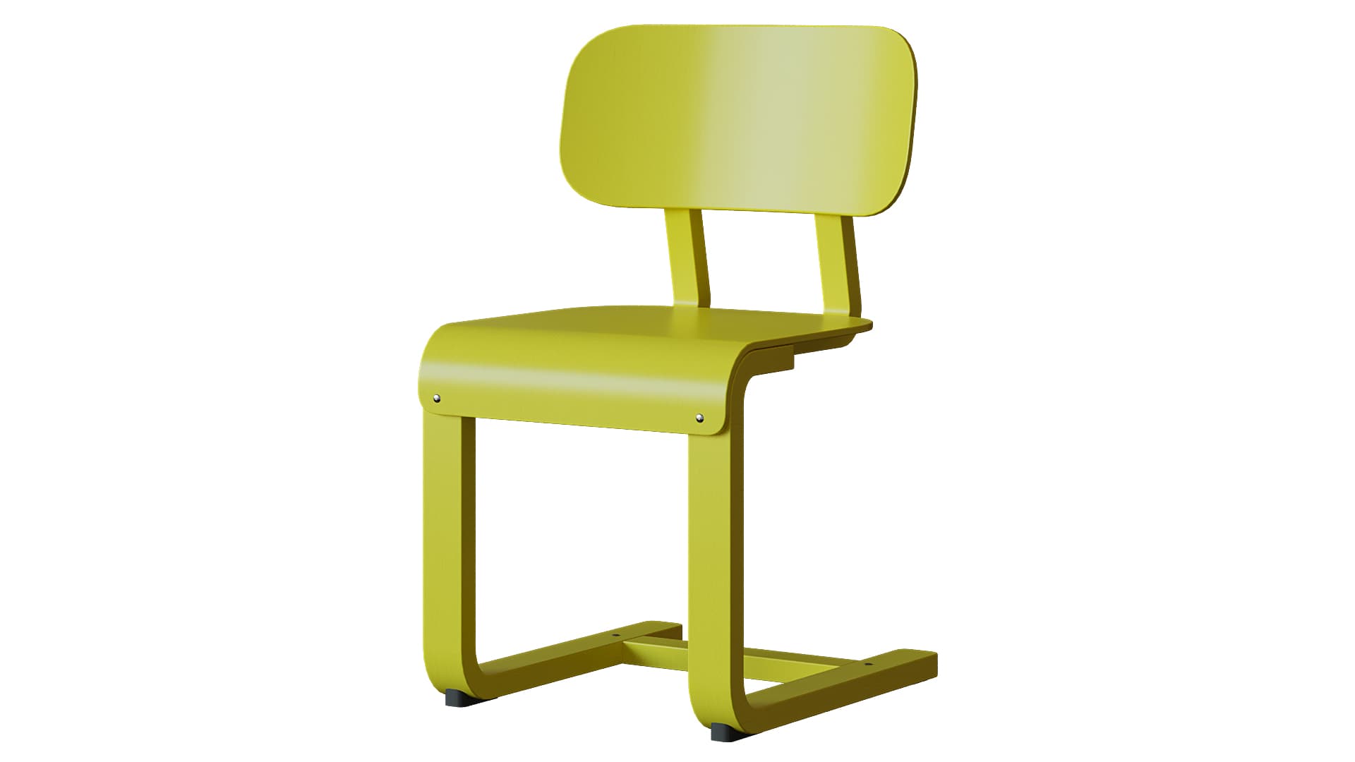 A modern side chair with a cantilevered base and a single-piece molded seat and backrest. The chair has a bright yellow finish and exhibits a minimalist design. The seat and back are slightly curved for ergonomic support. The base is constructed from bent tubular material, creating a continuous U-shape that extends to form the legs and a connecting crossbar near the floor. Two visible screws attach the seat to the frame. — 3D model