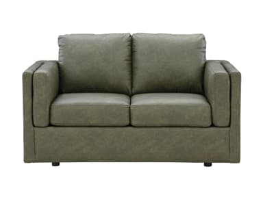 A contemporary two-seater loveseat upholstered in a distressed olive green or grey fabric, featuring a textured, slightly worn appearance. It has clean, square track arms and a boxy silhouette. The seating area consists of two individual seat cushions and two rectangular back cushions, providing defined support. The base is simple, with minimal, recessed dark feet, contributing to a modern, grounded aesthetic. — 3D model