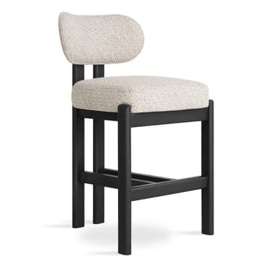A modern dining chair featuring a dark-stained wooden frame and light-colored, textured fabric upholstery. The chair has a square, padded seat and a small, rounded backrest. The frame consists of four sturdy, rectangular legs connected by stretchers, providing a robust and minimalist silhouette. — 3D model