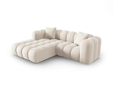 A sectional sofa viewed from a top-down perspective. It features a tufted design with square indentations across the seat and back cushions. Two accent pillows, also tufted, are placed on the seating surface. The sofa has an L-shaped configuration. — 3D model