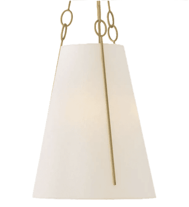 A sophisticated pendant light featuring a wide, tapering conical fabric shade suspended by an elegant brass-finished metal frame. The fixture hangs from a chain connected to a round ceiling canopy. Three slender rods extend from the central support to the upper rim of the shade, each attached via a decorative ring accent. The shade appears to be off-white or cream-colored, diffusing light to create an ambient glow, making it suitable for various interior settings. — 3D model