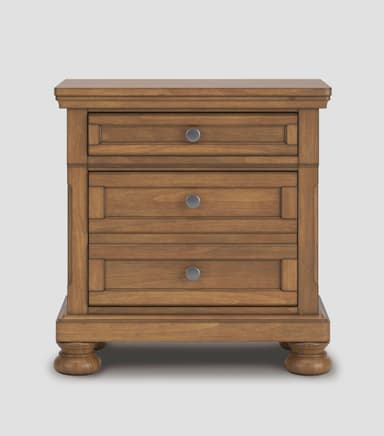 A transitional style nightstand crafted from wood with a rich brown finish, featuring a sturdy top surface, solid side panels, and distinctive turned bun feet. — 3D model