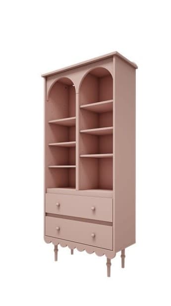 A freestanding, blush pink bookshelf featuring two arched open shelving sections atop two storage drawers. It has a decorative scalloped base and short turned legs. — 3D model