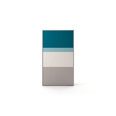 A freestanding, rectangular cabinet with a dark gray, textured concrete-look exterior featuring an embossed geometric pattern. The cabinet opens to reveal a fully integrated compact kitchen and bar area, complete with wooden cabinetry, a sink, a stovetop, a microwave, and shelving designed for glassware and bottles. — 3D model