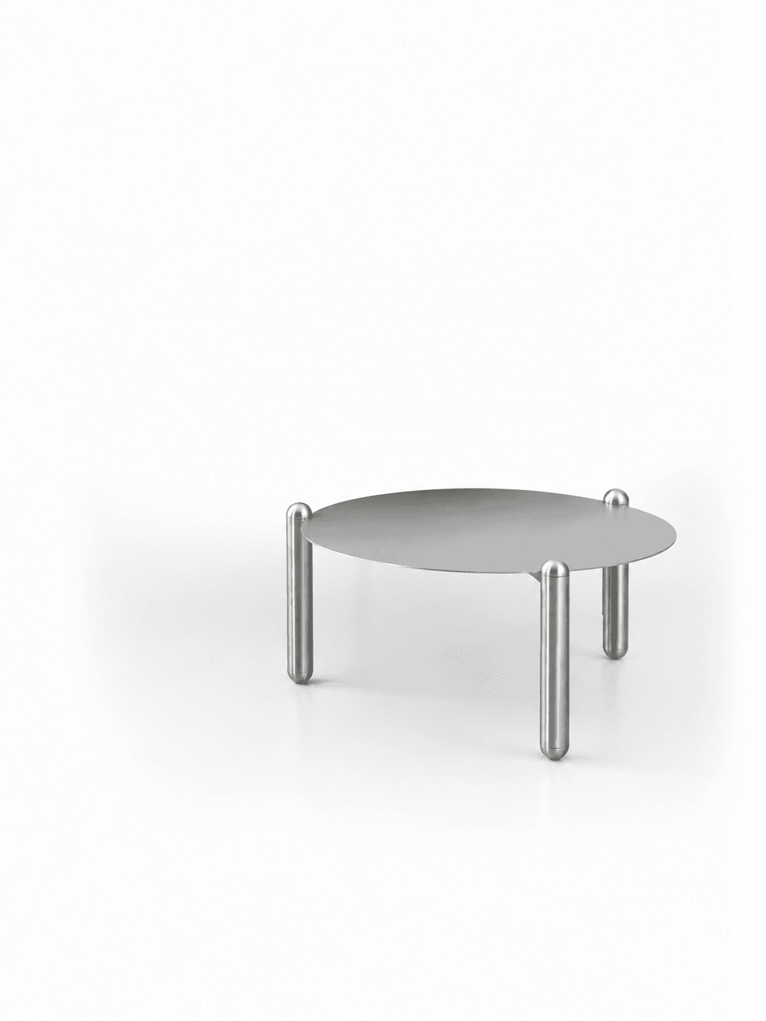 A minimalist circular coffee table crafted from brushed metal, featuring a thin, flat round top supported by four cylindrical legs with rounded ends. The design emphasizes clean lines and material purity. — 3D model