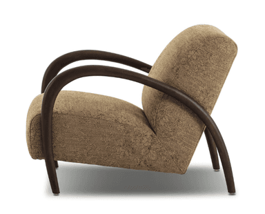 An upholstered armchair featuring a textured brown fabric on the seat and backrest. The chair is distinguished by its dark, curved wooden armrests that run from the top of the backrest to the base of the seat, forming part of the exposed frame. The design appears contemporary with clean lines and integrated cushioning. — 3D model