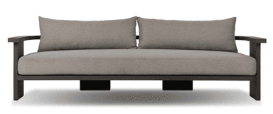 A two-seater outdoor loveseat with a dark grey metal frame and light grey fabric cushions. — 3D model