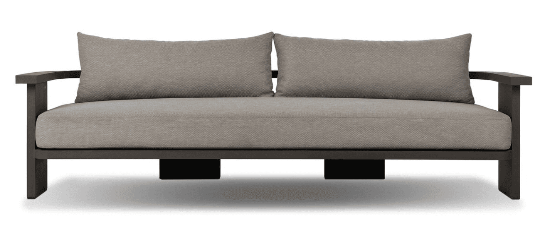 A two-seater outdoor loveseat with a dark grey metal frame and light grey fabric cushions. — 3D model