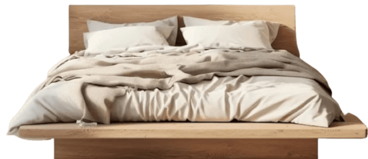 A contemporary platform bed frame, crafted from light-toned wood, featuring a minimalist design with an integrated headboard. The bed has a low profile, and the platform extends visibly beyond the mattress on the sides and foot, creating a clean, floating aesthetic. It is dressed with light grey bedding, including two pillows, a fitted sheet, and a draped throw blanket. — 3D model