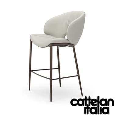 A contemporary bar stool featuring a curved, ergonomically shaped seat and backrest upholstered in light grey material, supported by a minimalist dark metal frame with integrated footrests. The backrest has a distinct cut-out detail. — 3D model