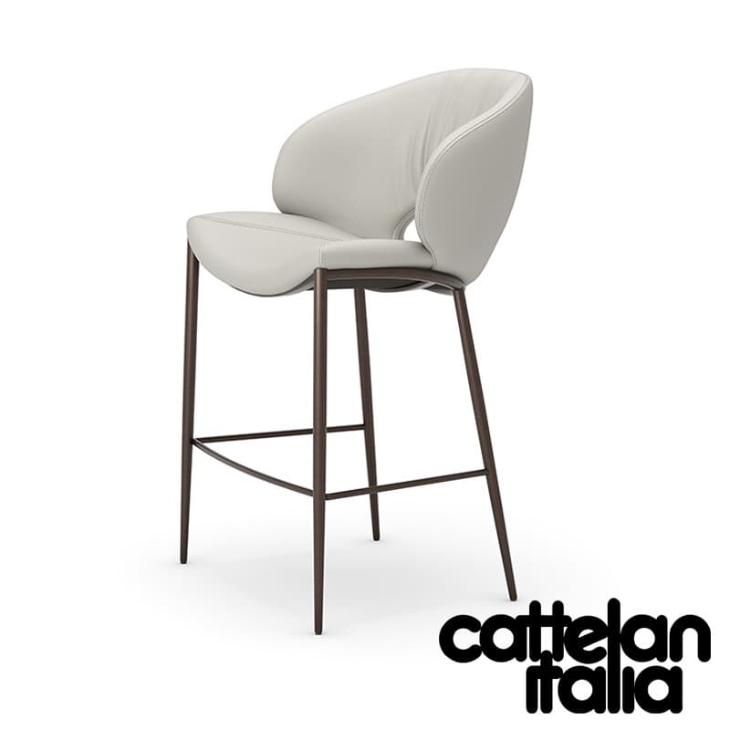 A contemporary bar stool featuring a curved, ergonomically shaped seat and backrest upholstered in light grey material, supported by a minimalist dark metal frame with integrated footrests. The backrest has a distinct cut-out detail. — 3D model