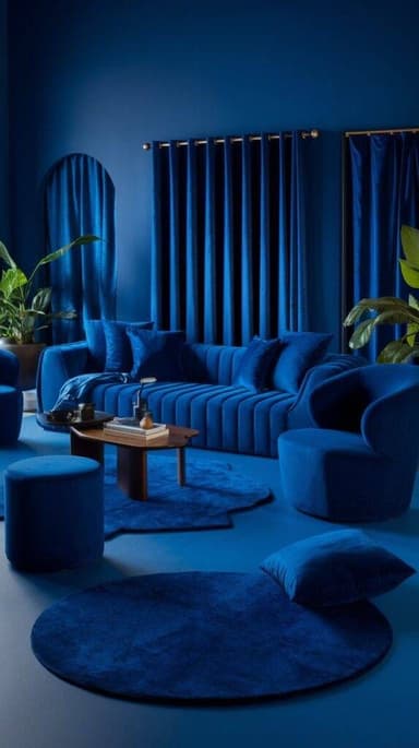 A contemporary three-seater sofa upholstered in rich blue velvet, featuring distinctive channel tufting on the backrest and arms, paired with two plush seat cushions and matching throw pillows. — 3D model