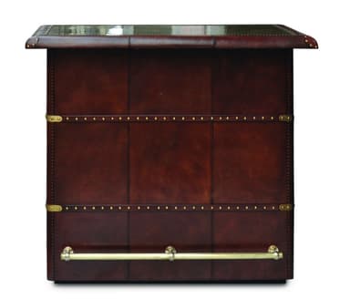 A dark brown leather-covered bar or counter. The piece features a rectangular top and a matching lower section.  It is accented with brass studs along horizontal seams and a brass footrest/bar rail below the countertop. The leather appears to be high quality, possibly genuine leather, and is paneled. The overall style suggests a classic or vintage aesthetic. — 3D model