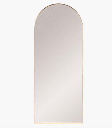 A tall, floor-standing mirror with a rounded top and a thin metallic frame. The reflective surface is a light grey color, indicating it is a mirror. The frame appears to be a polished gold or brass finish. — 3D model