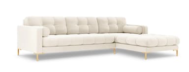 An L-shaped modern sectional sofa upholstered in a cream or off-white fabric, featuring deep button tufting on the seat and back cushions. It includes a detached chaise lounge section and is supported by slender, gold-finished metal legs. Two cylindrical bolster pillows are placed at each end of the main sofa component. — 3D model