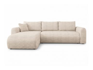 A contemporary L-shaped sectional sofa upholstered in a light beige, textured fabric. The sofa features a three-seat main section with an attached right-hand facing chaise lounge, offering ample seating and lounging space. It has rounded arms and plump, loose back cushions, suggesting a comfortable and inviting design. — 3D model