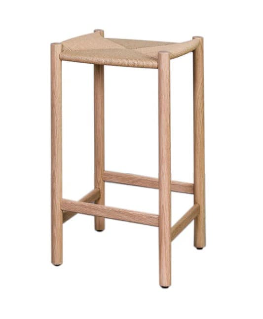 A tall wooden bar stool with a woven seat and four straight legs connected by crossbars for stability. The stool features a minimalist and Scandinavian-inspired design. — 3D model