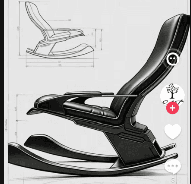 A contemporary black rocking chair with upholstered, segmented seat and backrest, featuring a padded headrest and integrated armrests, all mounted on a sleek, matte black rocking base. — 3D model