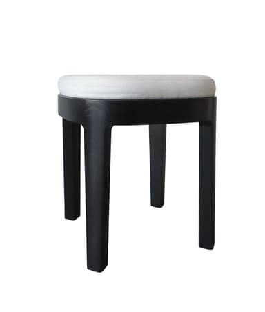 A modern round stool featuring a light-colored upholstered cushion atop a dark-stained solid wood frame with four tapered legs. — 3D model