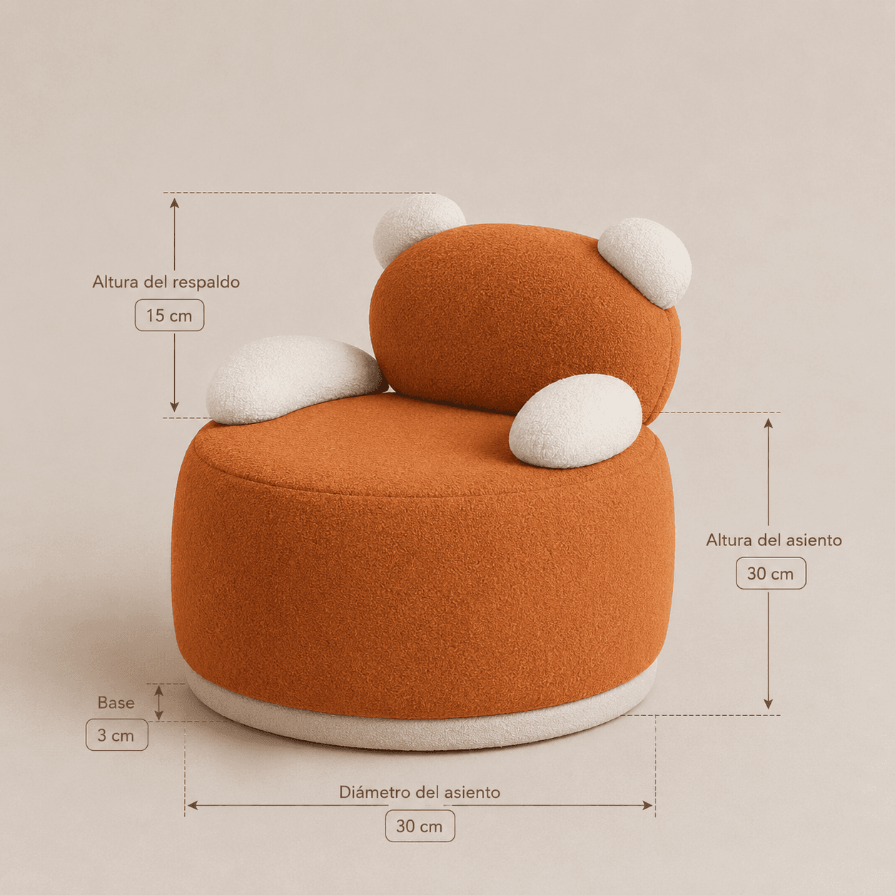 A compact, rounded, upholstered chair designed with a playful bear-like aesthetic. It features a cylindrical base in an orange, textured fabric, topped with a rounded seat and backrest. The backrest is adorned with two spherical, off-white "ears," and two smaller, oval "paws" serve as armrests, also in the off-white fabric. The overall shape is plump and inviting, with a distinct cream-colored base trim. — 3D model