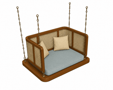 A suspended daybed swing constructed from a polished wooden frame with woven cane panels on the back and sides. It features a light blue seat cushion and two beige throw pillows, all suspended by antique brass-toned chains. — 3D model