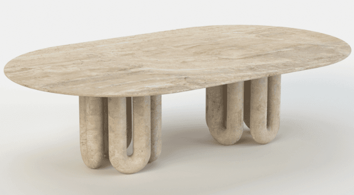 An oval coffee table crafted from natural travertine, featuring a smooth, elongated top with subtly rounded edges. The base is composed of two distinct sets of U-shaped, tubular legs, giving the table a robust, sculptural, and monolithic appearance. The travertine displays characteristic natural veining and a light beige, matte finish. — 3D model