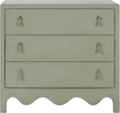 A three-drawer chest of drawers finished in a soft sage green color, featuring decorative brass-toned drop pull handles and a distinctive scalloped apron base. The piece has a clean, uniform painted surface and a sturdy rectangular top. — 3D model