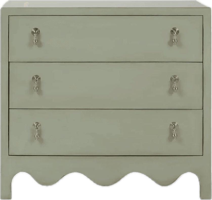 A three-drawer chest of drawers finished in a soft sage green color, featuring decorative brass-toned drop pull handles and a distinctive scalloped apron base. The piece has a clean, uniform painted surface and a sturdy rectangular top. — 3D model