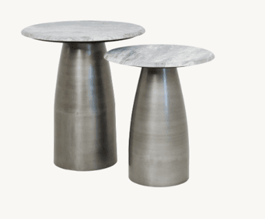 A modern side table featuring a circular grey marble top and a tapered, dark metallic pedestal base. The design is minimalist and sleek, suitable for contemporary interiors. — 3D model