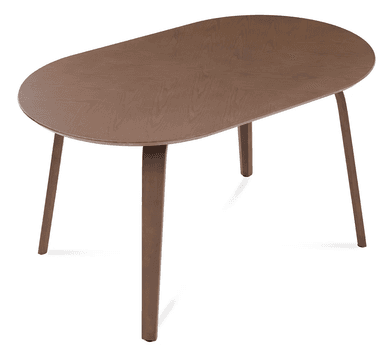 A contemporary dining table featuring an oval tabletop and four tapered legs, all constructed from wood with a dark brown finish. The table has a minimalist aesthetic with clean lines and a smooth surface. — 3D model