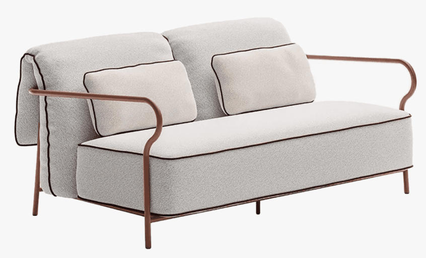 A contemporary two-seater sofa, or loveseat, characterized by a minimalist design with an exposed tubular metal frame. The frame has a warm, possibly copper or bronze, finish, supporting plush upholstered cushions in a light, textured fabric (likely bouclé) in pale grey or off-white. All upholstered edges feature contrasting dark piping. The backrest cushions are designed to drape over the rear frame, and two smaller accent pillows are included. — 3D model