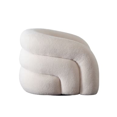 A contemporary, rounded armchair upholstered in a creamy white bouclé fabric, featuring a deep seat, integrated armrests and back, and a concealed swivel base. The design is plush and inviting, with a soft, textured appearance. — 3D model