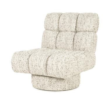 A cream-colored armchair with a plush, channel-tufted design. The chair features a low back and a wide, inviting seat. It is upholstered in a textured fabric with flecks of brown and grey. The base is a circular, swivel pedestal, also upholstered in the same fabric, providing stability and rotation. — 3D model