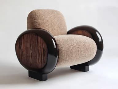A single-seater armchair featuring a distinctive sculptural design with plush, textured light-beige boucle upholstery for the seat, backrest, and inner armrests. The prominent, rounded armrests are finished in a dark, glossy, possibly lacquered wood or resin, with contrasting inset panels of natural, textured dark wood grain. The chair rests on a minimalist, dark, rectangular plinth base. — 3D model