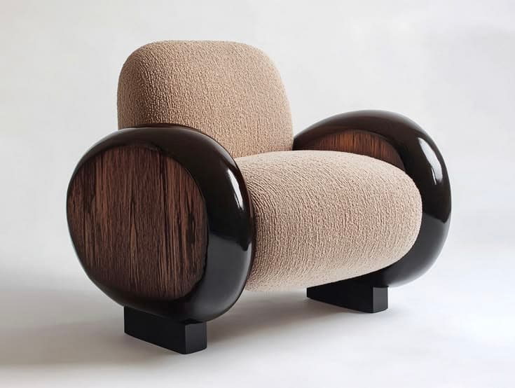 A single-seater armchair featuring a distinctive sculptural design with plush, textured light-beige boucle upholstery for the seat, backrest, and inner armrests. The prominent, rounded armrests are finished in a dark, glossy, possibly lacquered wood or resin, with contrasting inset panels of natural, textured dark wood grain. The chair rests on a minimalist, dark, rectangular plinth base. — 3D model