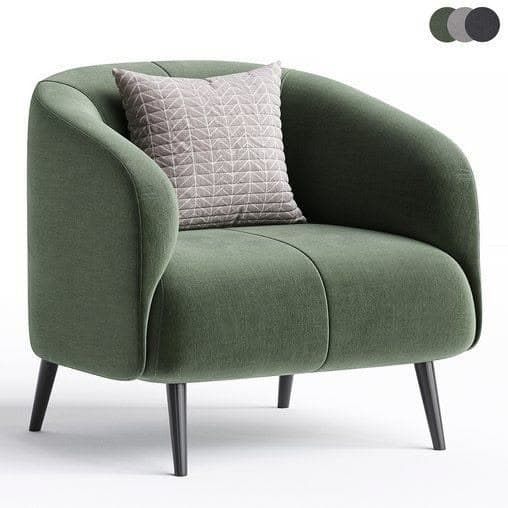 A modern, upholstered barrel armchair in a dark green fabric, featuring a rounded back and integrated arms. The chair stands on four black, tapered legs and includes a light grey accent cushion with a subtle geometric pattern. A visible seam runs vertically down the center of the chair's back and seat. — 3D model