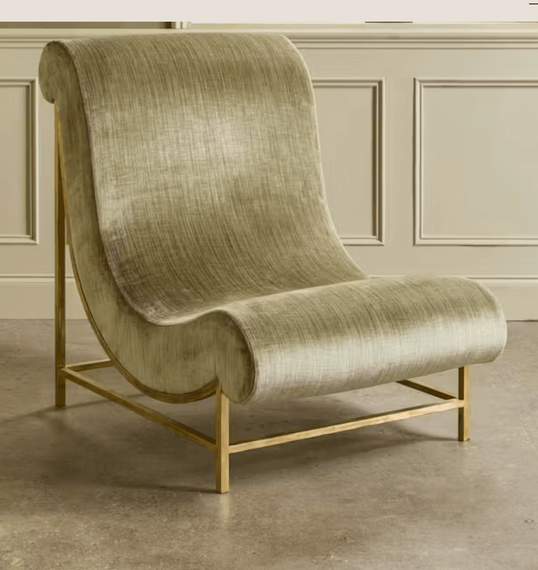 A modern lounge chair featuring a continuous, curved form upholstered in muted olive green velvet, supported by a minimalist gold-toned metal frame. — 3D model