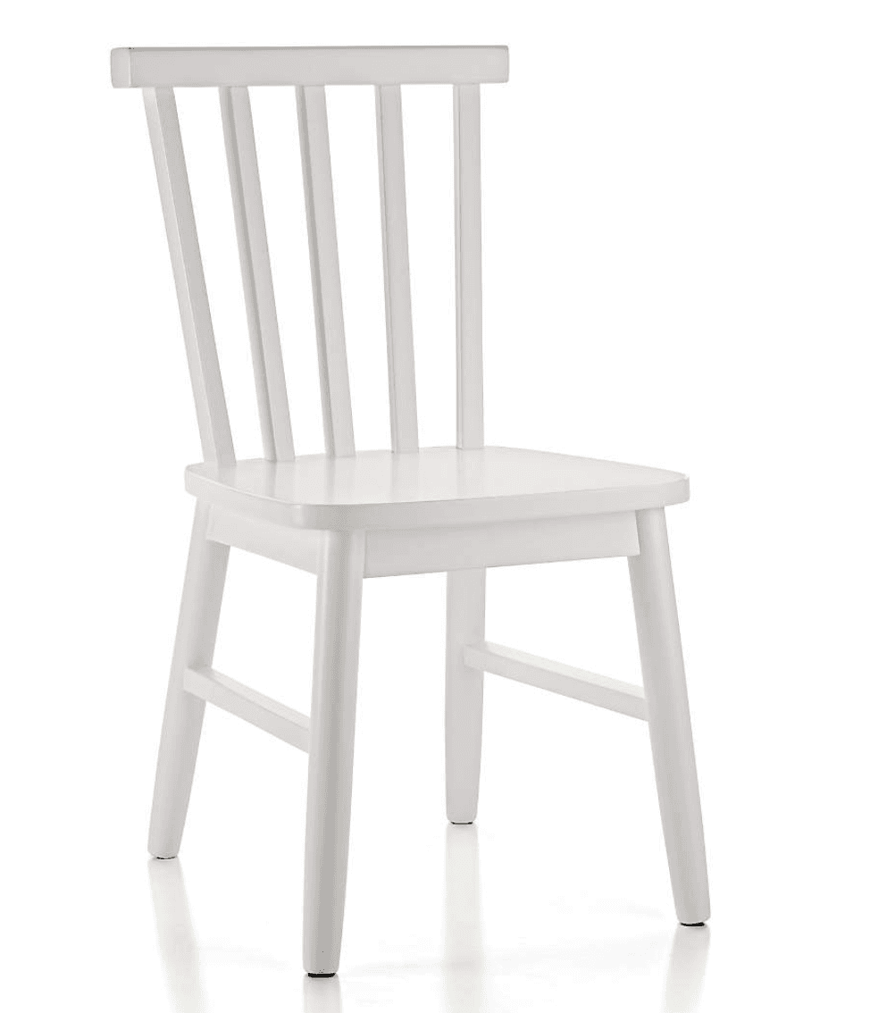 A white painted wooden chair featuring a slatted backrest and a solid seat, supported by four simple, slightly tapered legs. — 3D model