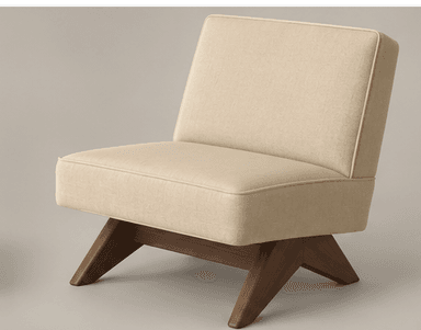 A modern armless lounge chair featuring light beige fabric upholstery and a distinct angular wooden base, designed for relaxation. — 3D model