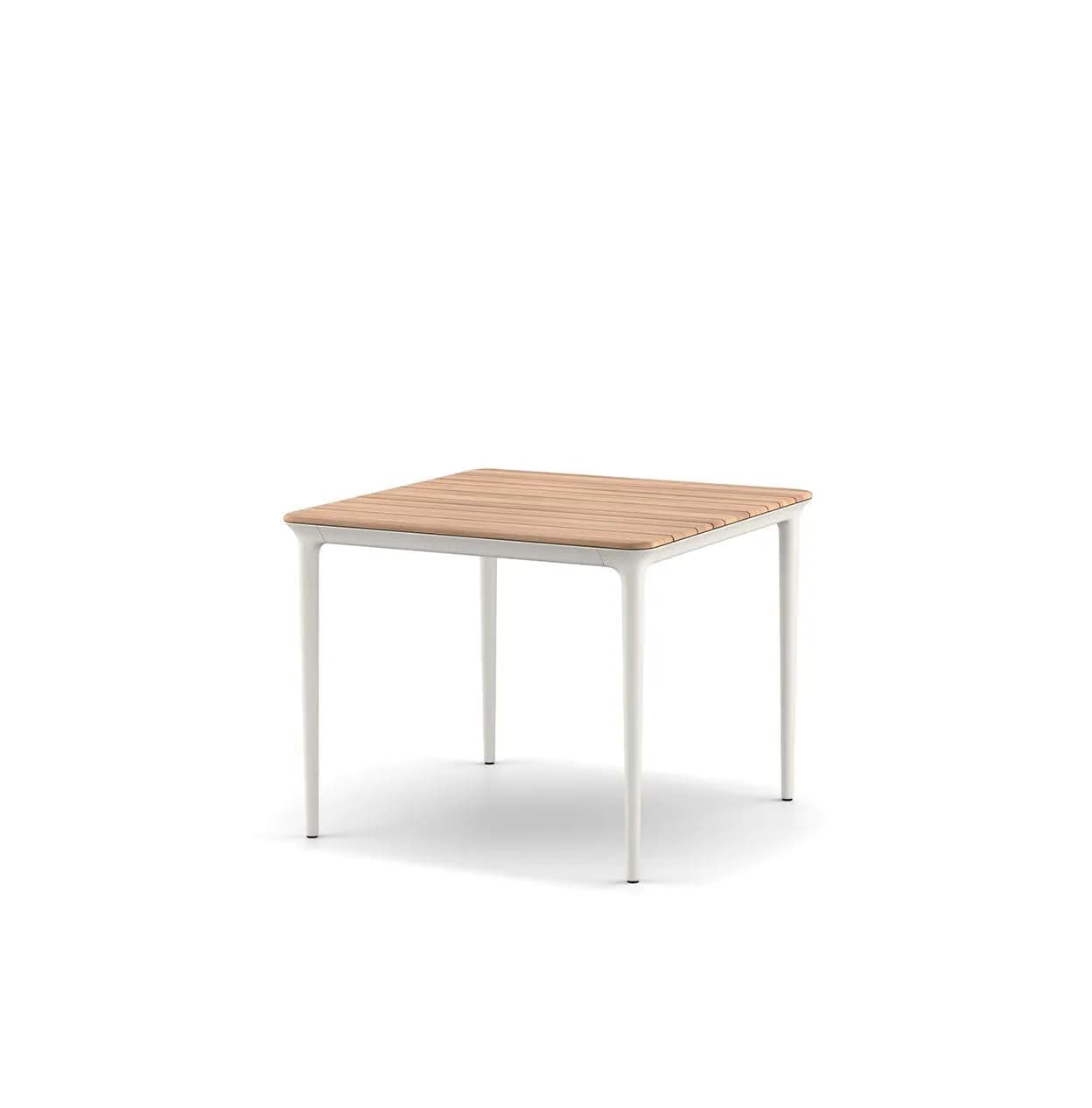 A small, square table featuring a slatted wooden top and four white metal legs, designed for outdoor use. — 3D model