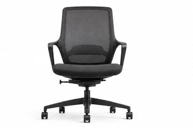 A black modern office chair featuring a high mesh back, a padded fabric seat, integrated armrests, and a five-star caster base. — 3D model