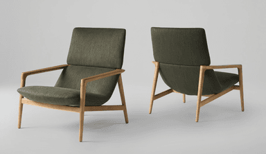 A modern lounge chair featuring a light-toned wooden frame and dark olive green fabric upholstery. The design emphasizes clean lines and comfort. — 3D model